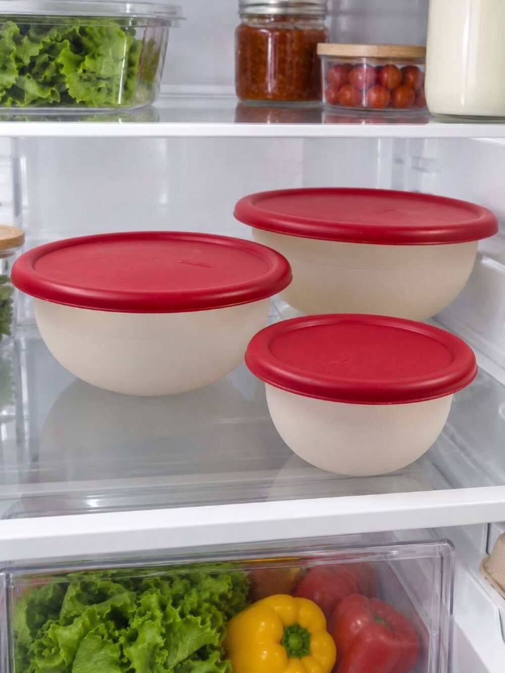 Plastic Nesting Mixing Bowl Set Of 3 Red Lid